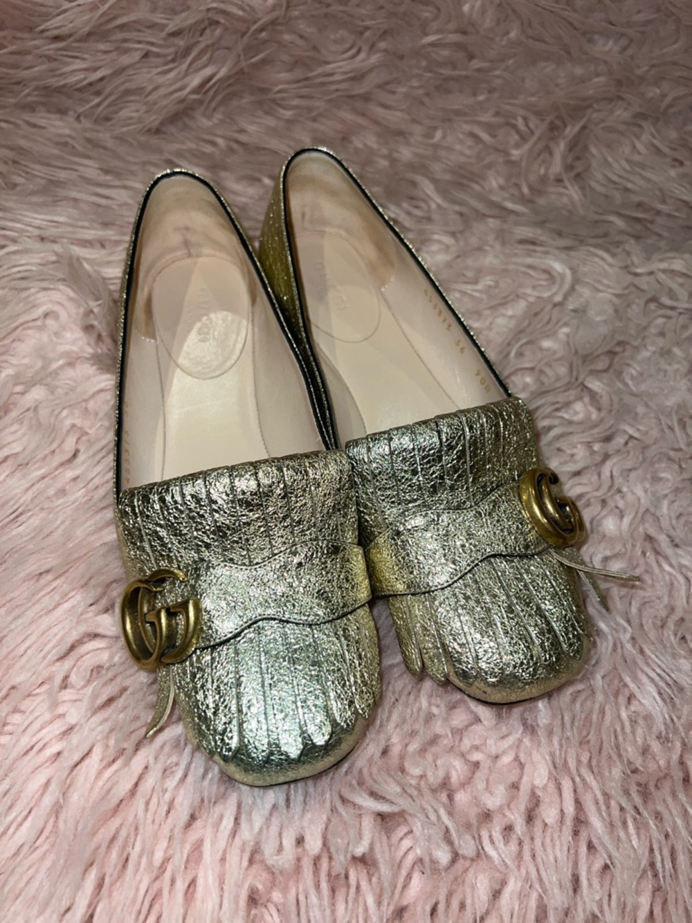 Gucci Gold Metallic GG Fringe Loafers Size 36